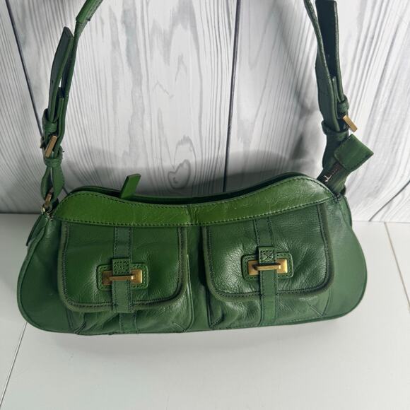 Vintage Tommy Hilfiger Y2K Green Leather Shoulder Bag Buckle Retro Satchel - Picture 1 of 10
